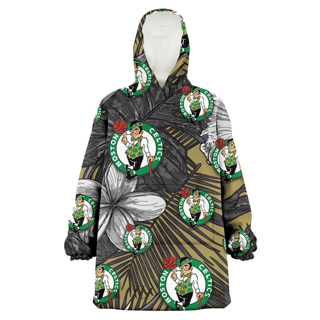 Boston Celtics Gray Sketch Hibiscus Yellow Palm Leaf Black Background 3D Printed Hoodie Blanket Snug Hoodie