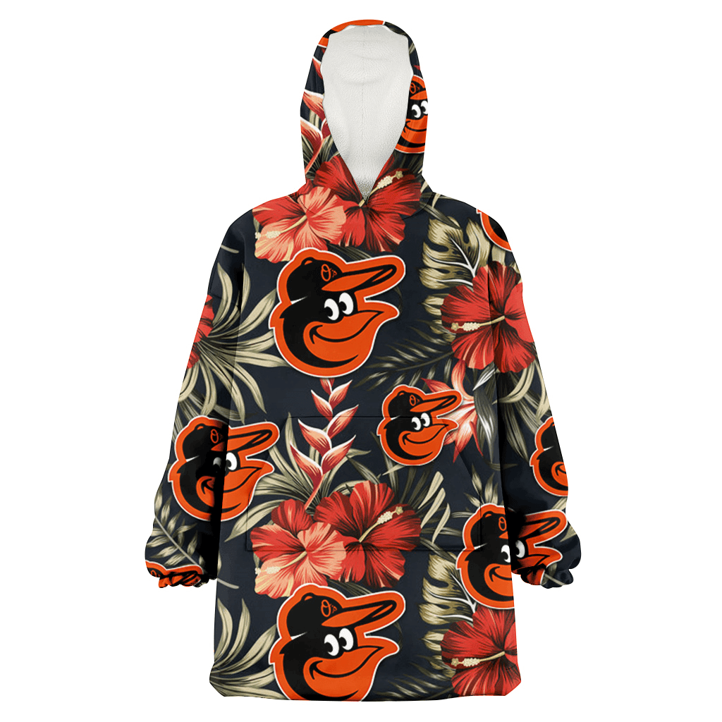 Baltimore Orioles Red Hibiscus Green Leaf Dark Background 3D Printed Hoodie Blanket Snug Hoodie