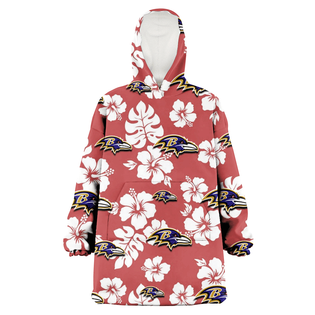 Baltimore Ravens White Hibiscus Indian Red Background 3D Printed Hoodie Blanket Snug Hoodie