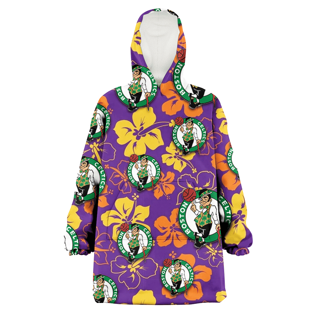 Boston Celtics Yellow And Orange Hibiscus Purple Background 3D Printed Hoodie Blanket Snug Hoodie