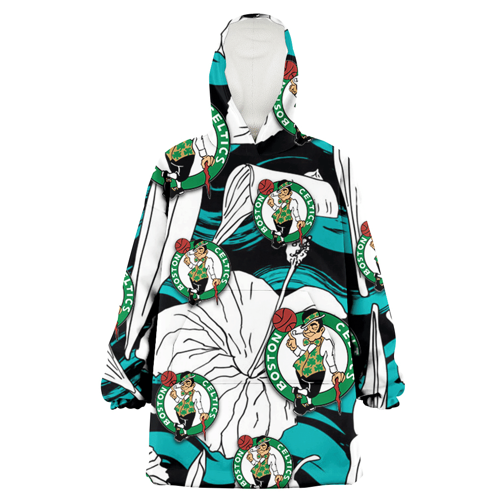 Boston Celtics White Hibiscus Turquoise Wave Black Background 3D Printed Hoodie Blanket Snug Hoodie
