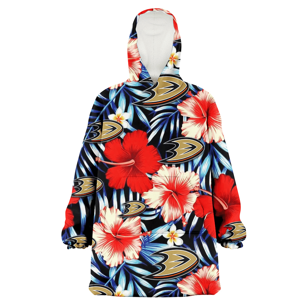Anaheim Ducks Coral Red Hibiscus Blue Palm Leaf Black Background 3D Printed Hoodie Blanket Snug Hoodie