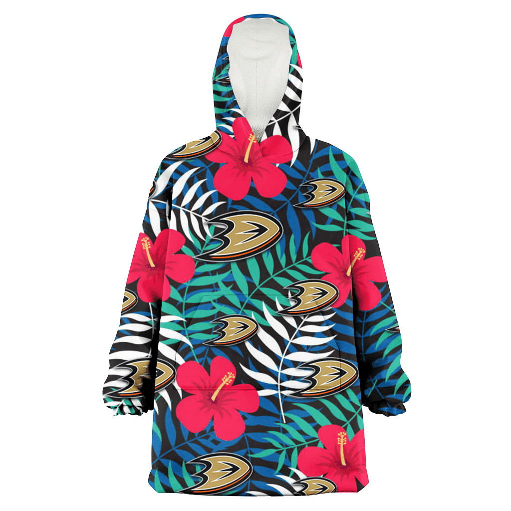 Anaheim Ducks Red Hibiscus Green Blue White Leaf Black Background 3D Printed Hoodie Blanket Snug Hoodie