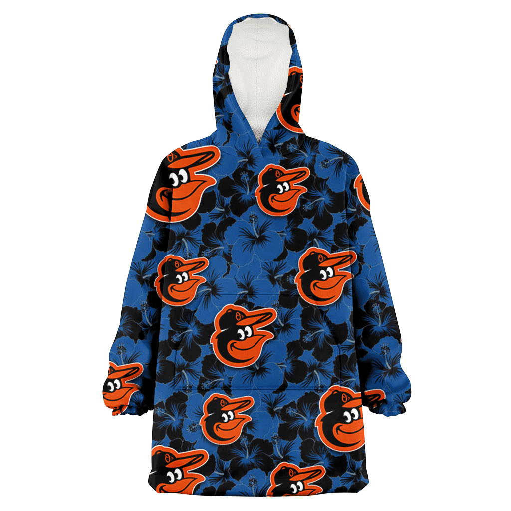 Baltimore Orioles Black Dark Blue Hibiscus Black Background 3D Printed Hoodie Blanket Snug Hoodie