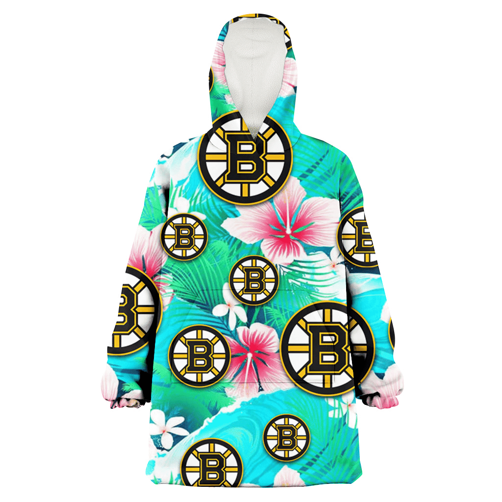 Boston Bruins Pink Hibiscus Green Leaf Blue Background 3D Printed Hoodie Blanket Snug Hoodie