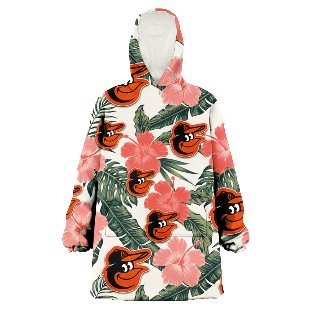 Baltimore Orioles Pink Coral Hibiscus Banana Leaf Beige Background 3D Printed Hoodie Blanket Snug Hoodie