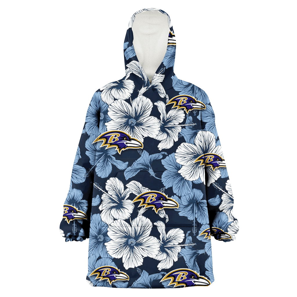Baltimore Ravens White And Blue Hibiscus Dark Blue Background 3D Printed Hoodie Blanket Snug Hoodie