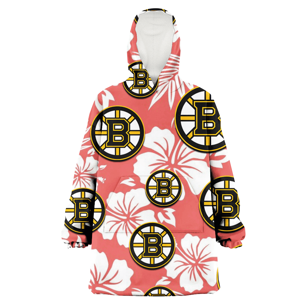 Boston Bruins White Hibiscus Salmon Background 3D Printed Hoodie Blanket Snug Hoodie