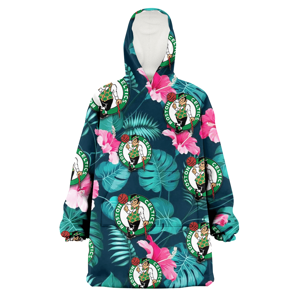 Boston Celtics Pink Hibiscus Green Leaves Dark Background 3D Printed Hoodie Blanket Snug Hoodie