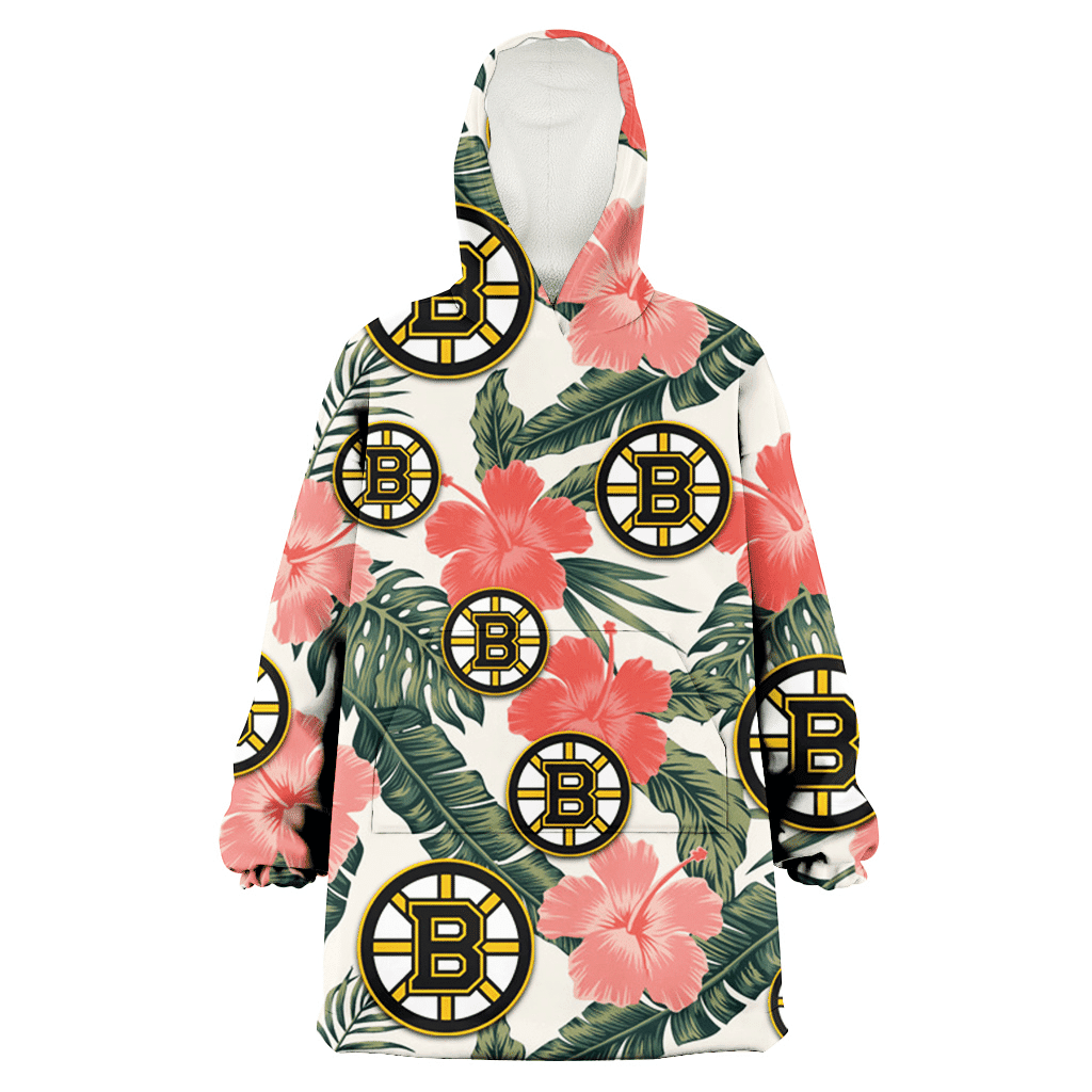 Boston Bruins Pink Coral Hibiscus Banana Leaf Beige Background 3D Printed Hoodie Blanket Snug Hoodie