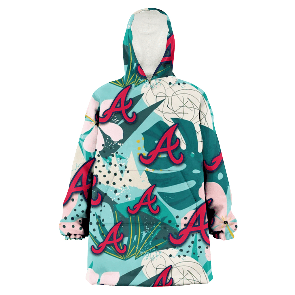 Atlanta Braves Pastel Hibiscus Palm Leaf Tiny Dot Green Background 3D Printed Hoodie Blanket Snug Hoodie