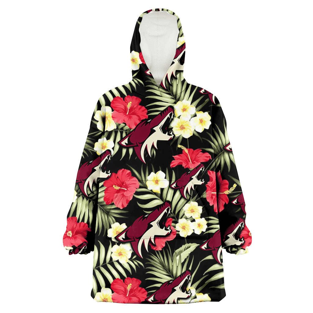 Arizona Coyotes Red Hibiscus Yellow Porcelain Flower Black Background 3D Printed Hoodie Blanket Snug Hoodie