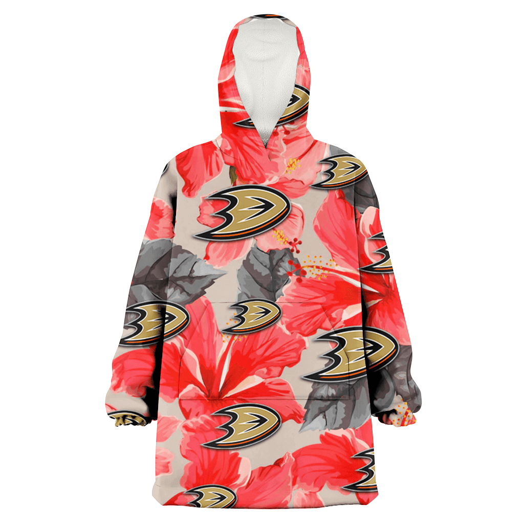 Anaheim Ducks Red Hibiscus Gray Leaf Beige Background 3D Printed Hoodie Blanket Snug Hoodie