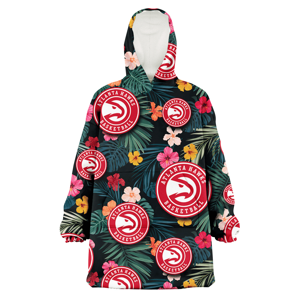 Atlanta Hawks Pink Yellow Orange Hibiscus Big Tropical Leaf Black Background 3D Printed Hoodie Blanket Snug Hoodie