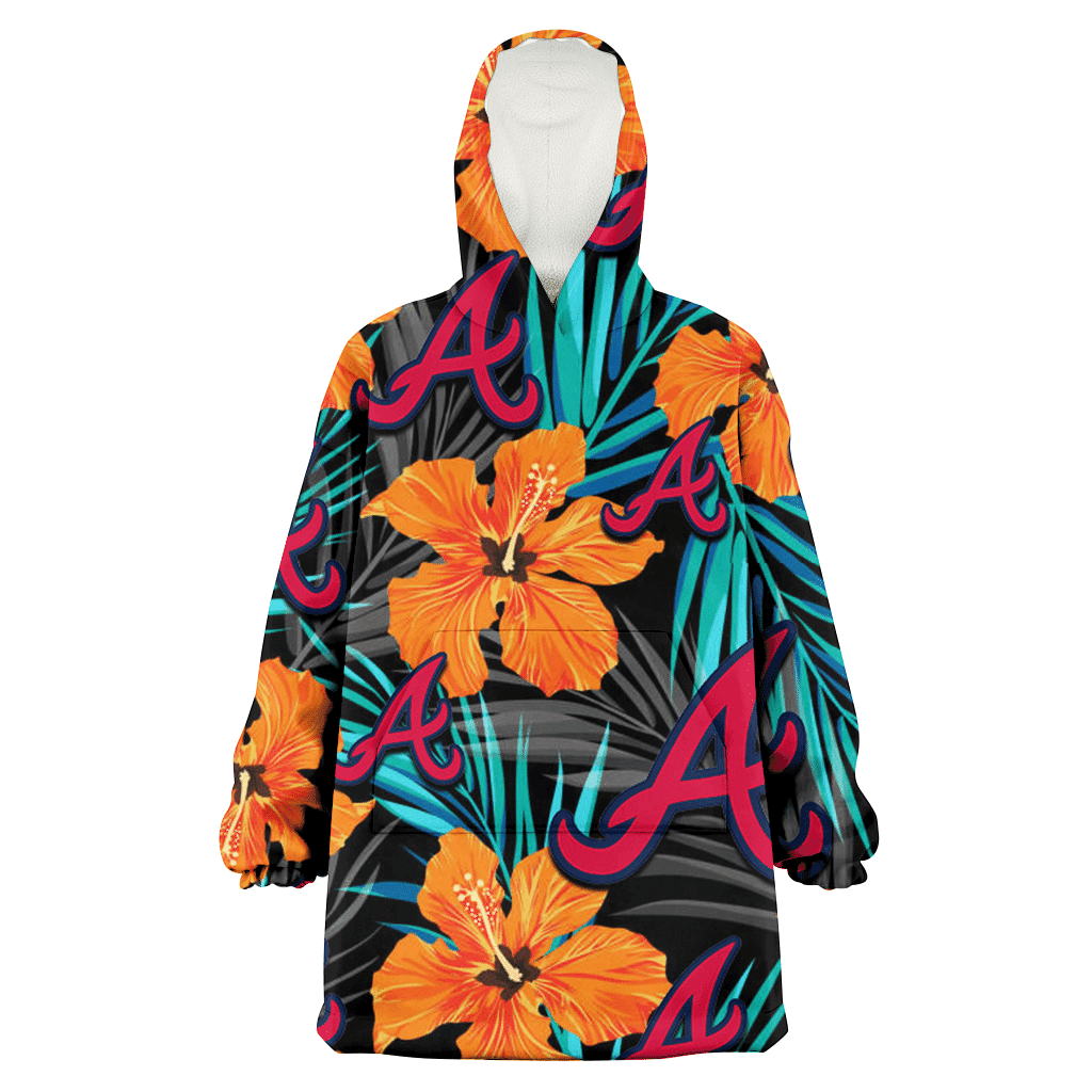 Atlanta Braves Orange Hibiscus Blue Gray Leaf Black Background 3D Printed Hoodie Blanket Snug Hoodie