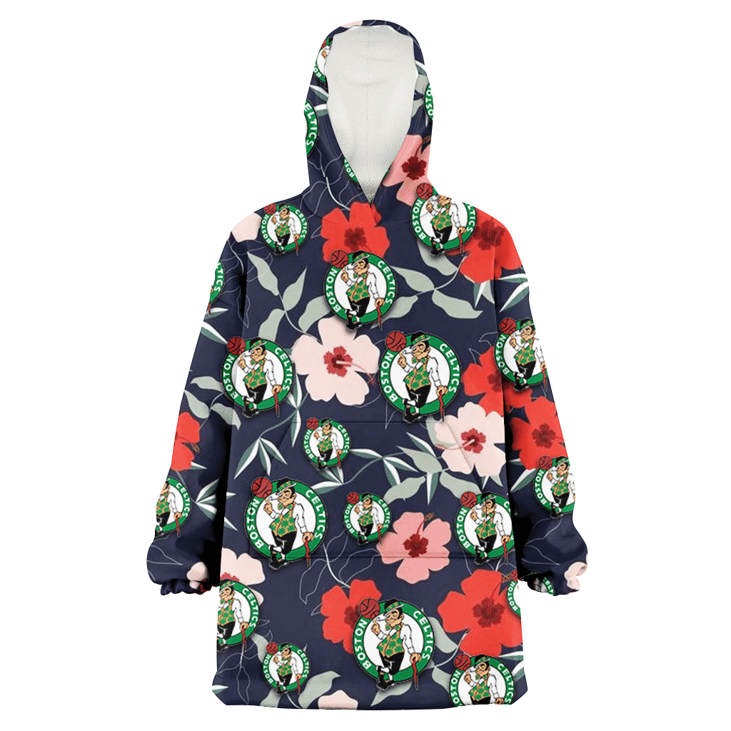 Boston Celtics Red Pink White Hibiscus Black Background 3D Printed Hoodie Blanket Snug Hoodie