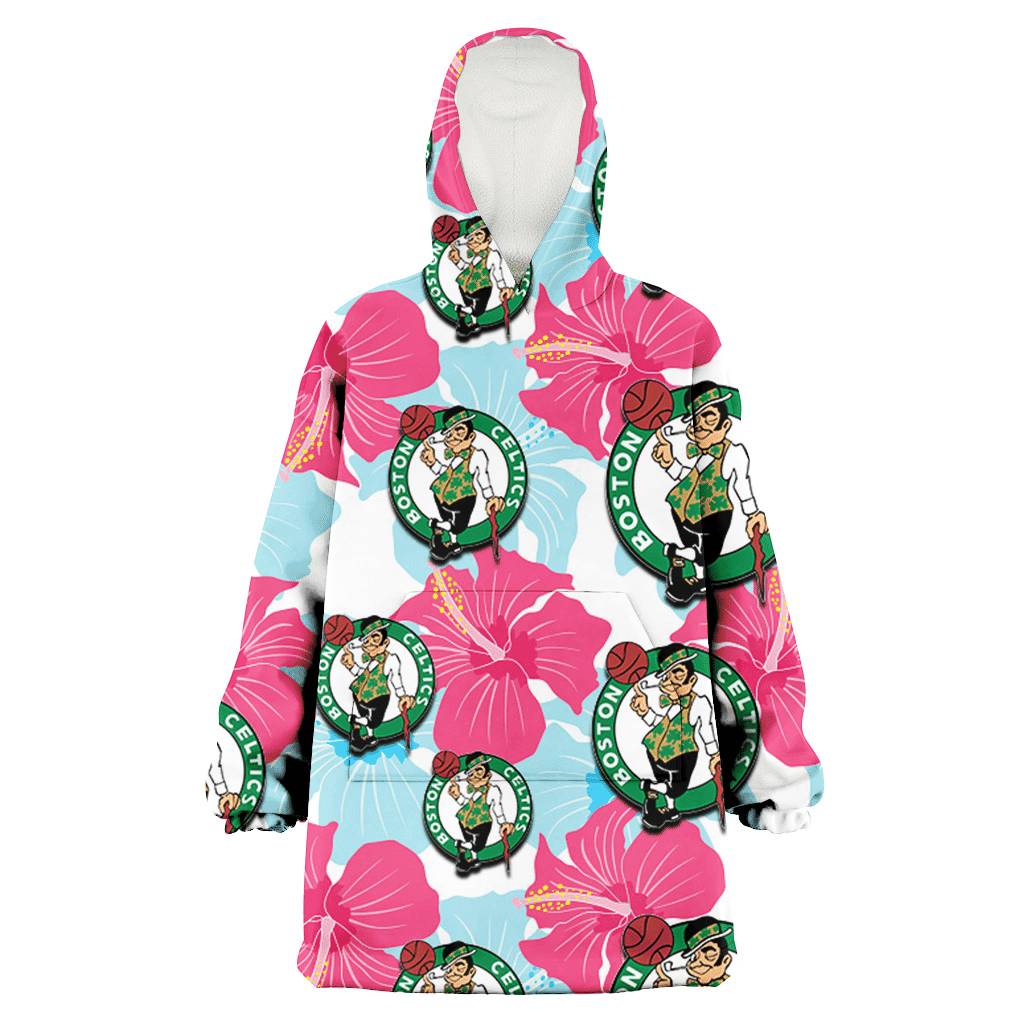Boston Celtics Pink Blue Hibiscus White Background 3D Printed Hoodie Blanket Snug Hoodie
