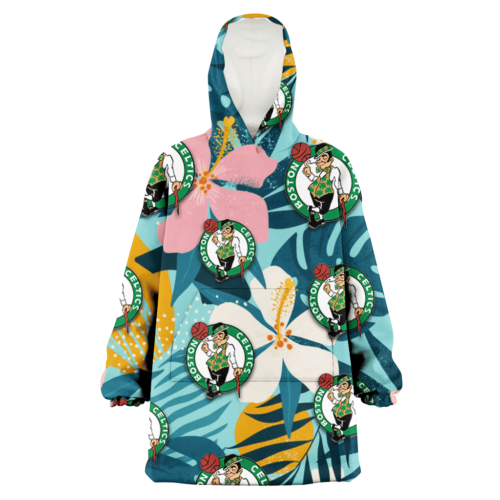 Boston Celtics Pastel Color Hibiscus Tropical Leaves Light Green Background 3D Printed Hoodie Blanket Snug Hoodie