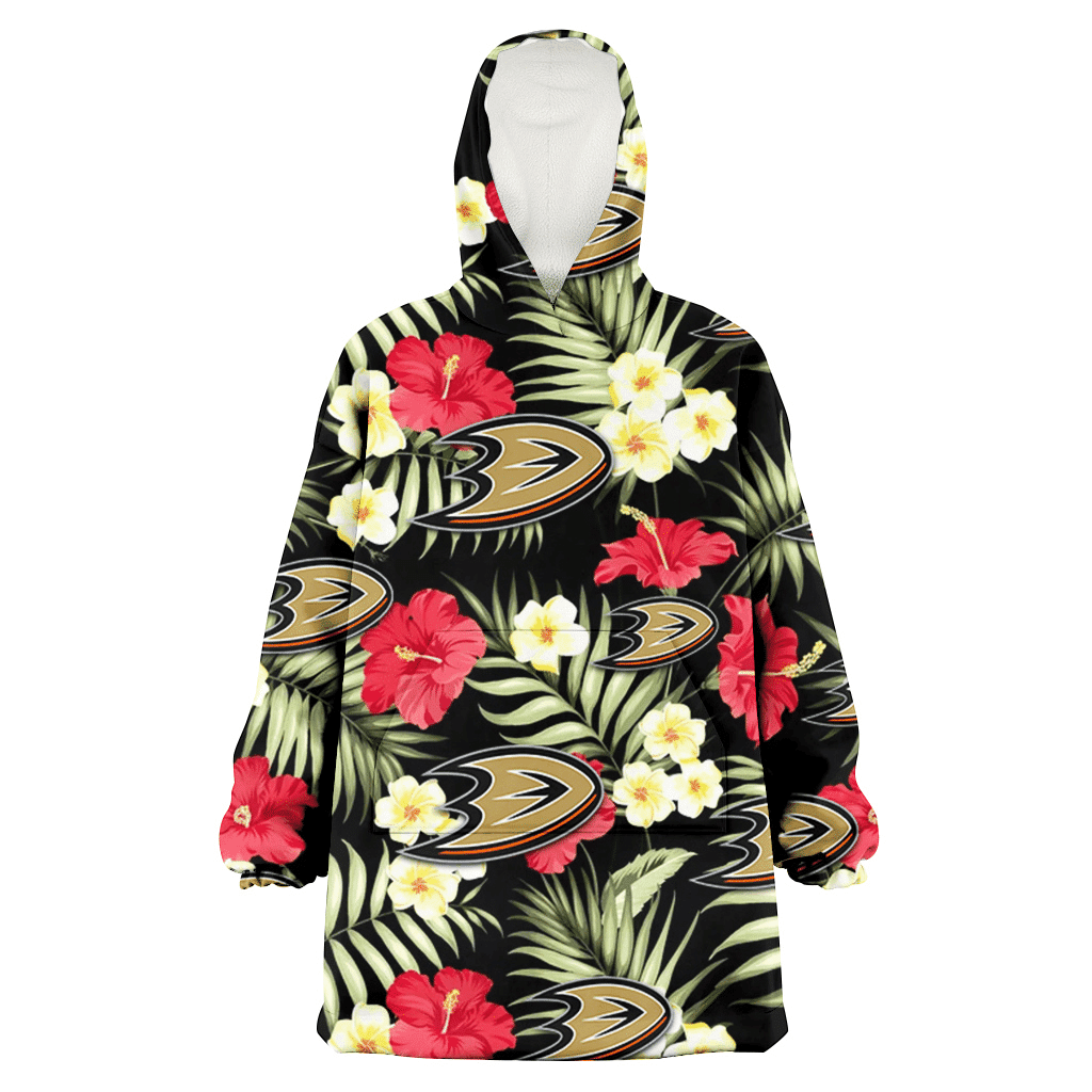 Anaheim Ducks Red Hibiscus Yellow Porcelain Flower Black Background 3D Printed Hoodie Blanket Snug Hoodie