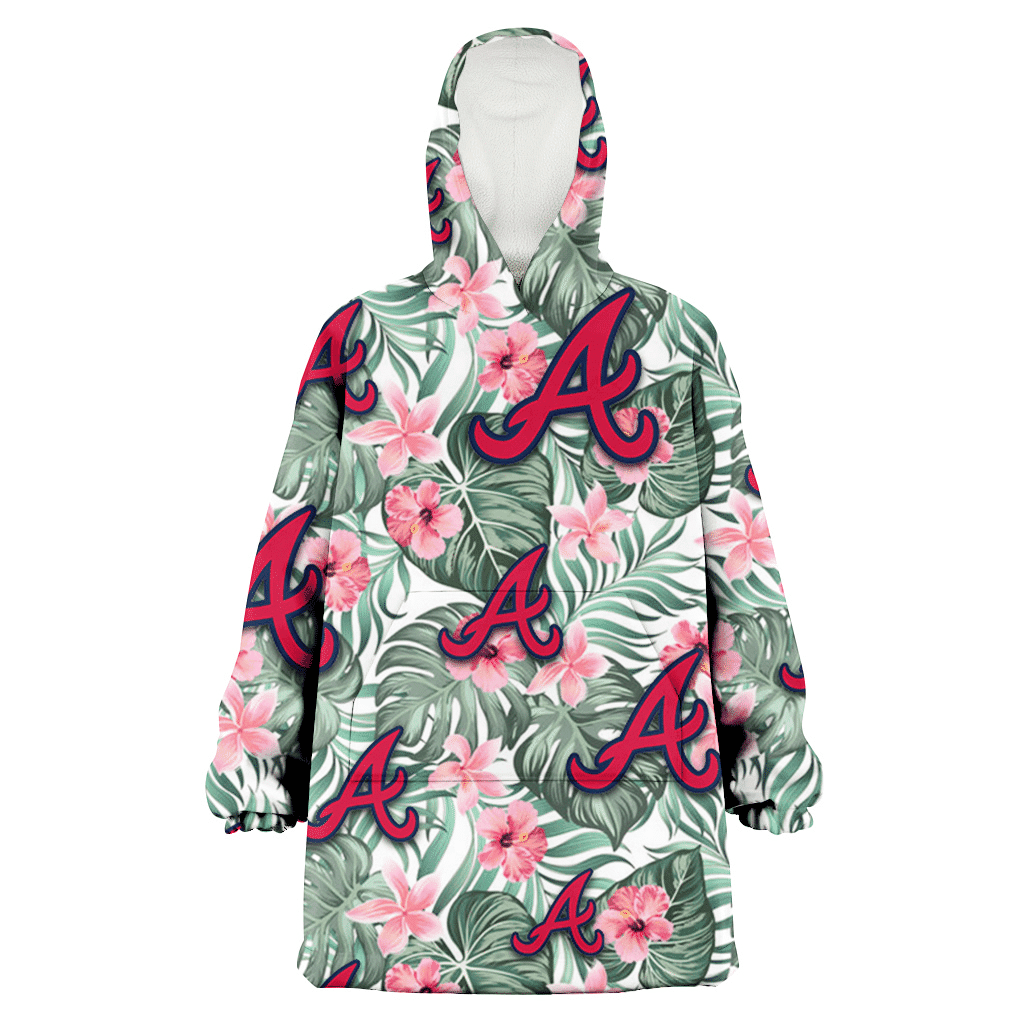 Atlanta Braves Pink Hibiscus Porcelain Flower Tropical Leaf White Background 3D Printed Hoodie Blanket Snug Hoodie
