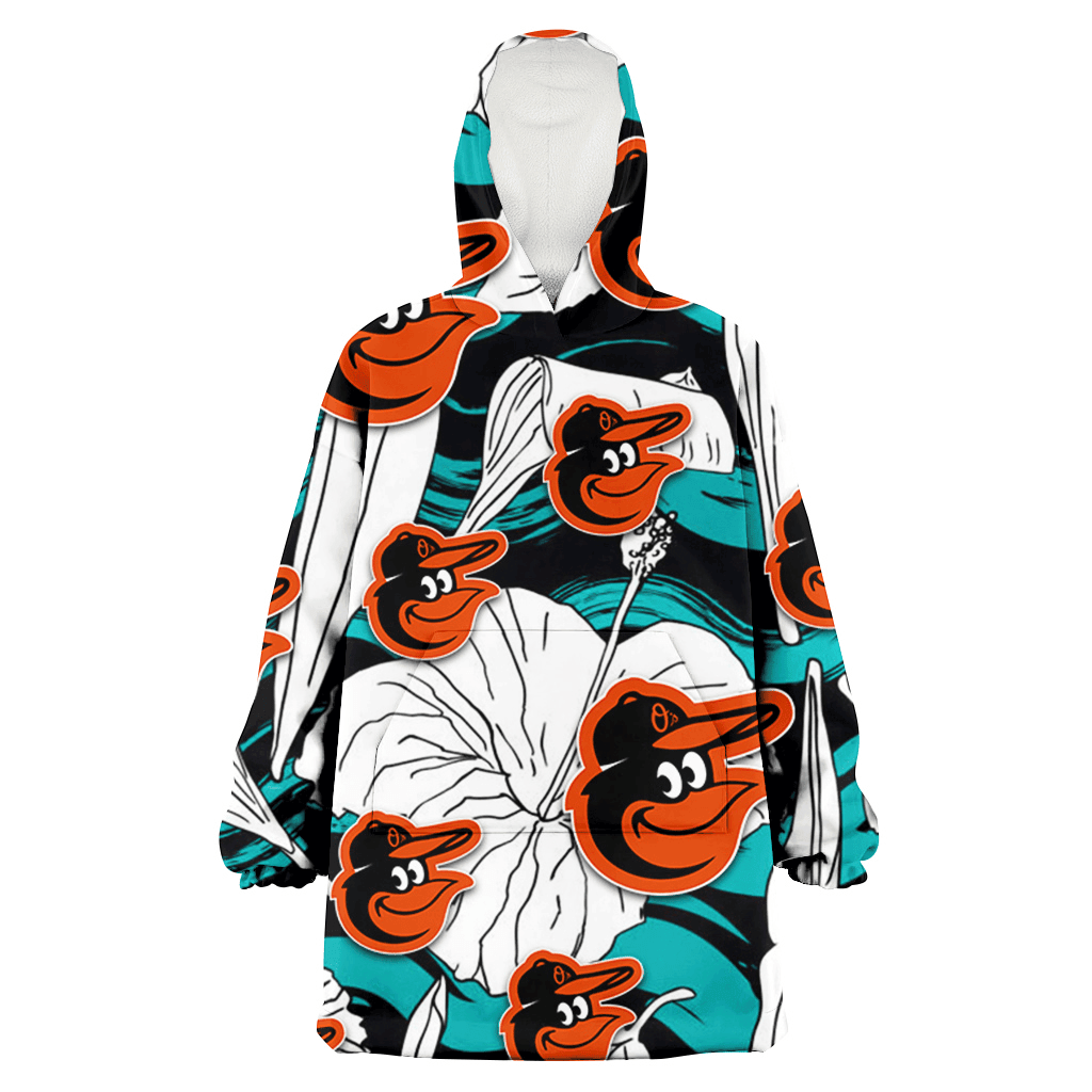 Baltimore Orioles White Hibiscus Turquoise Wave Black Background 3D Printed Hoodie Blanket Snug Hoodie