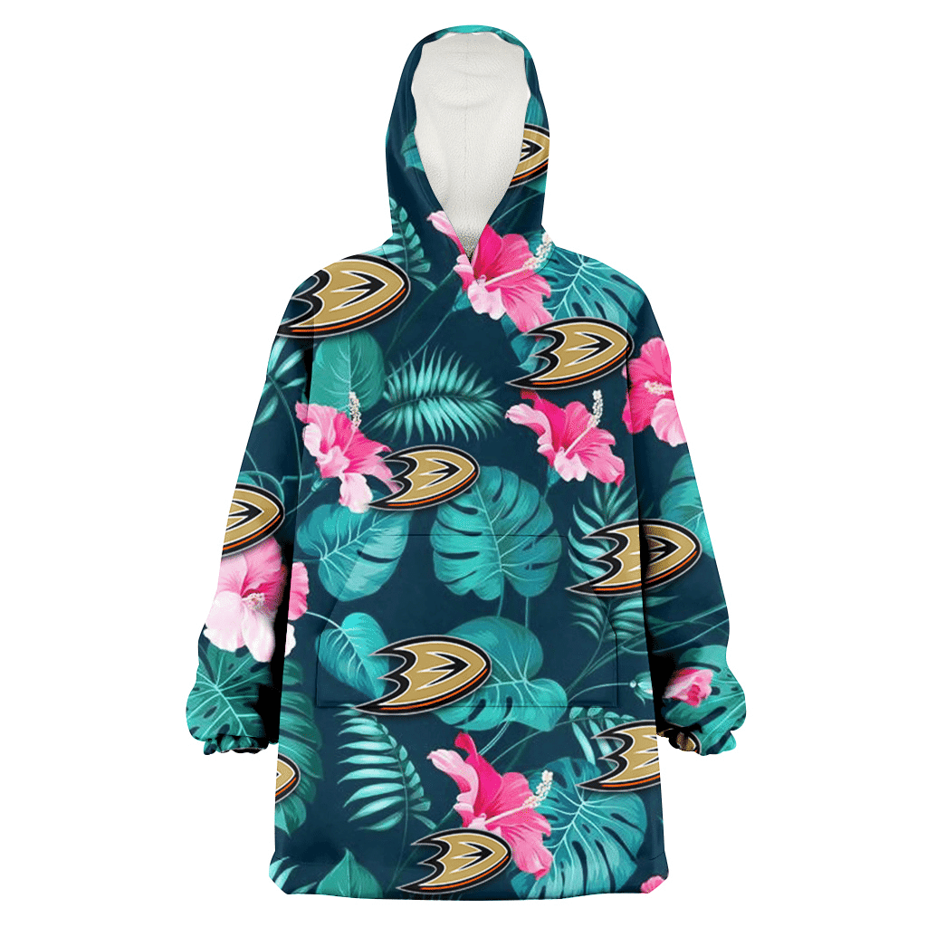 Anaheim Ducks Pink Hibiscus Green Leaves Dark Background 3D Printed Hoodie Blanket Snug Hoodie
