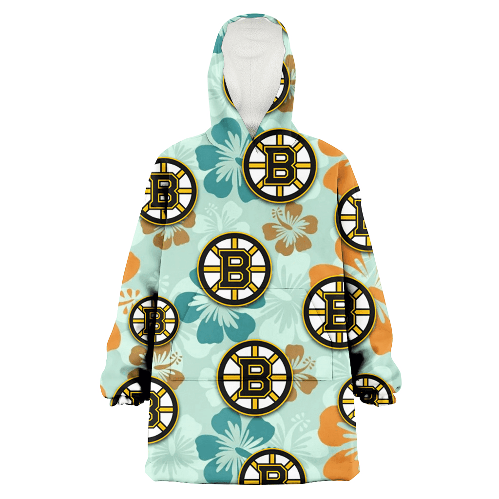 Boston Bruins Orange Green Hibiscus Pale Green Background 3D Printed Hoodie Blanket Snug Hoodie