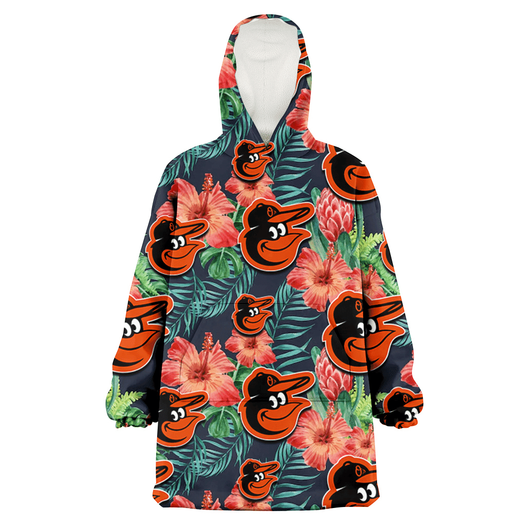 Baltimore Orioles Orange Hibiscus Green Tropical Leaf Dark Background 3D Printed Hoodie Blanket Snug Hoodie