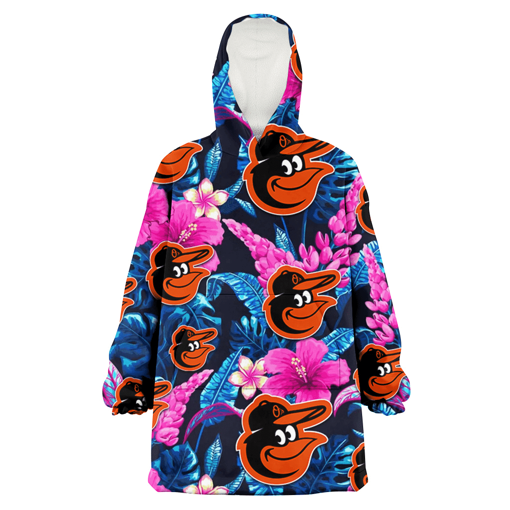 Baltimore Orioles Violet Red Hibiscus Blue Leaf Black Background 3D Printed Hoodie Blanket Snug Hoodie