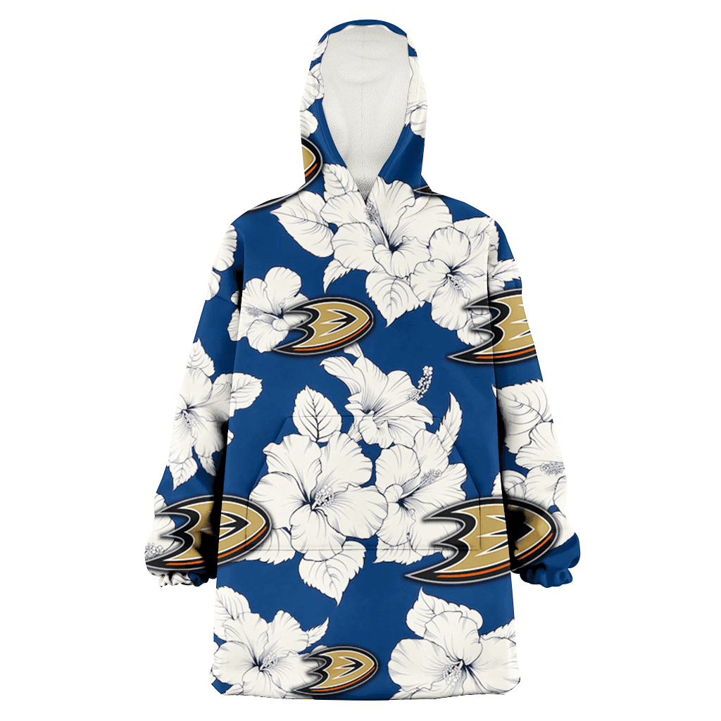 Anaheim Ducks White Big Hibiscus Blue Background 3D Printed Hoodie Blanket Snug Hoodie