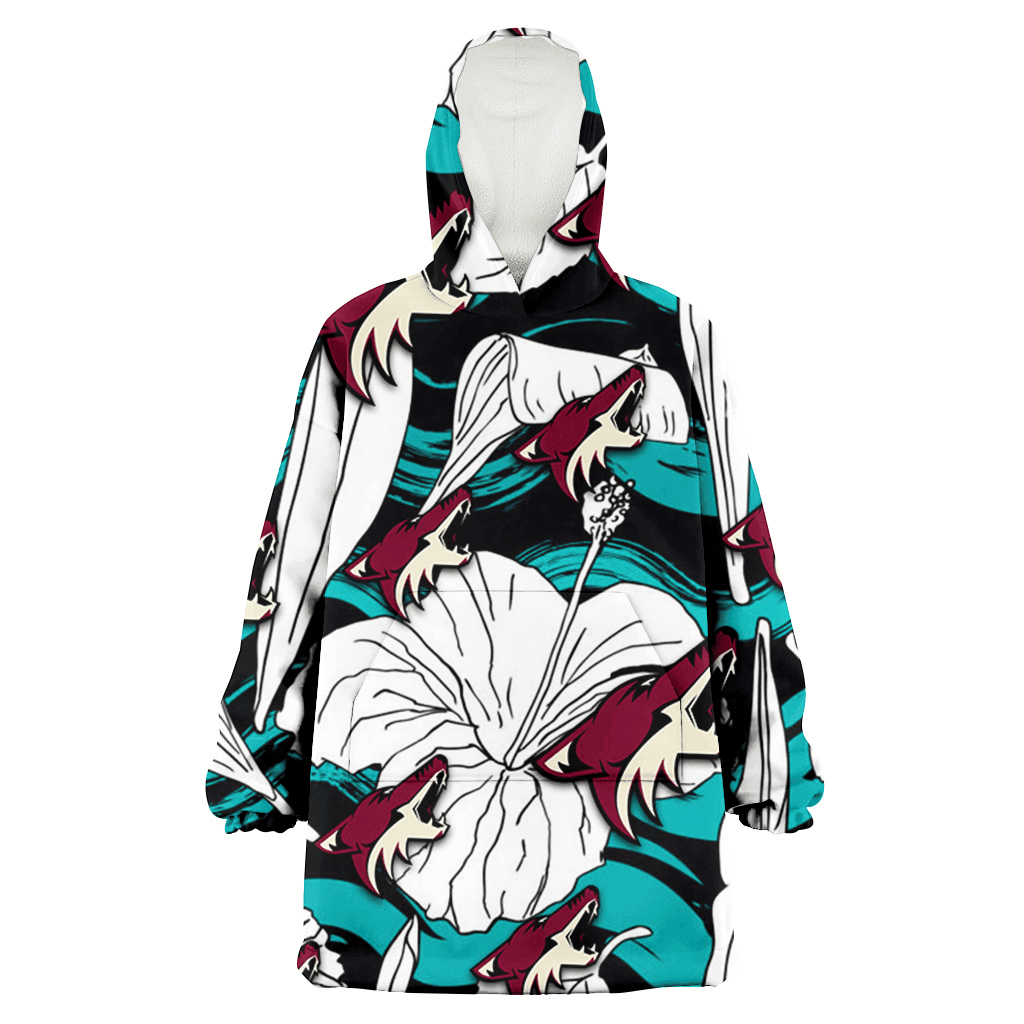 Arizona Coyotes White Hibiscus Turquoise Wave Black Background 3D Printed Hoodie Blanket Snug Hoodie