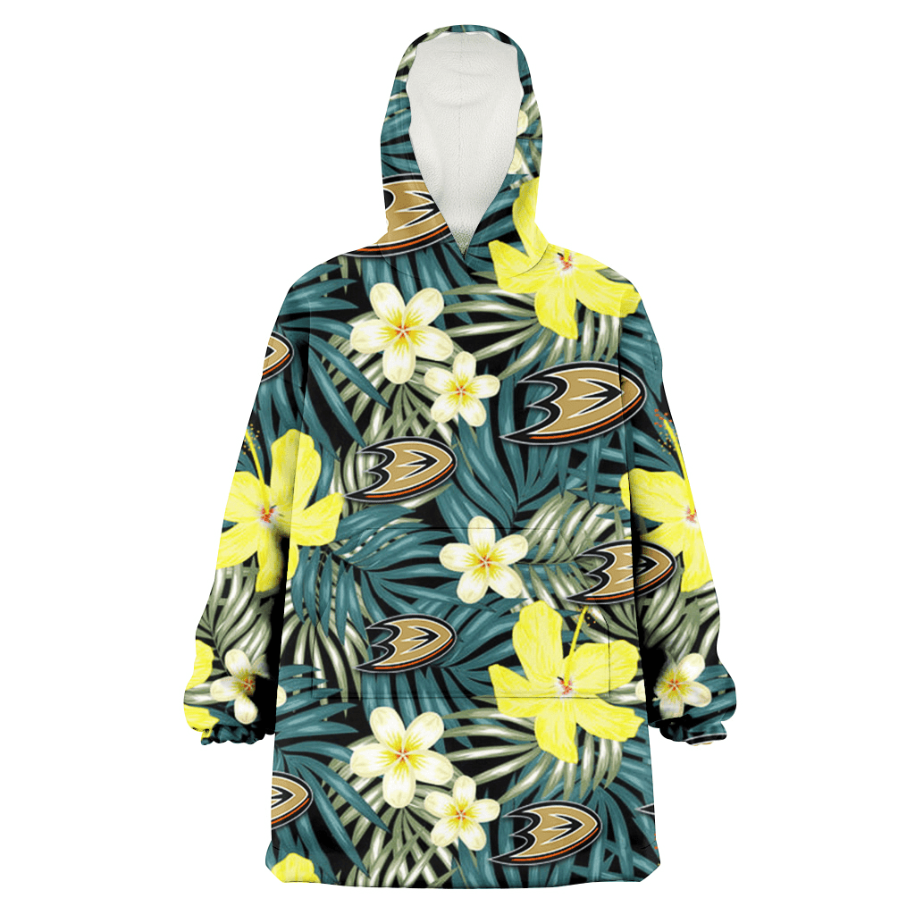 Anaheim Ducks Hibiscus Green Palm Leaf Black Background 3D Printed Hoodie Blanket Snug Hoodie