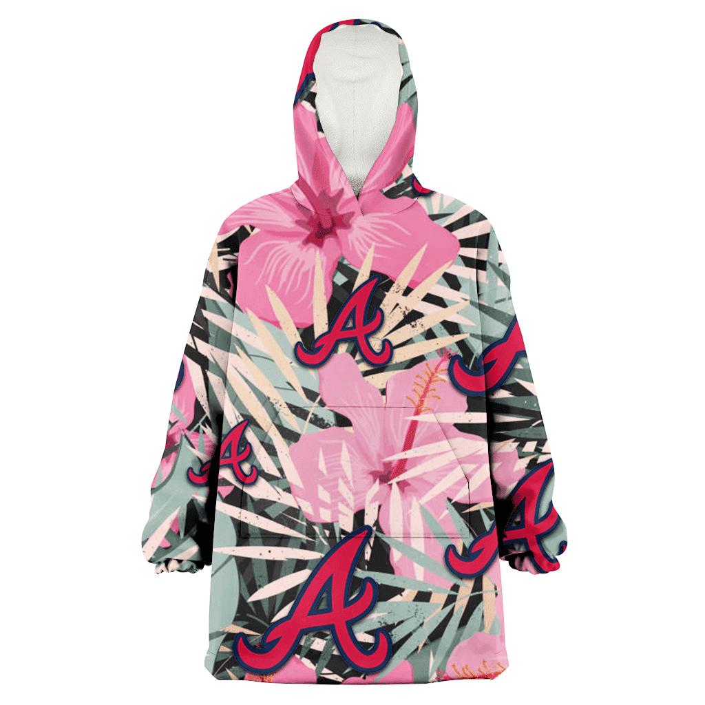 Atlanta Braves Light Pink Hibiscus Pale Green Leaf Black Background 3D Printed Hoodie Blanket Snug Hoodie