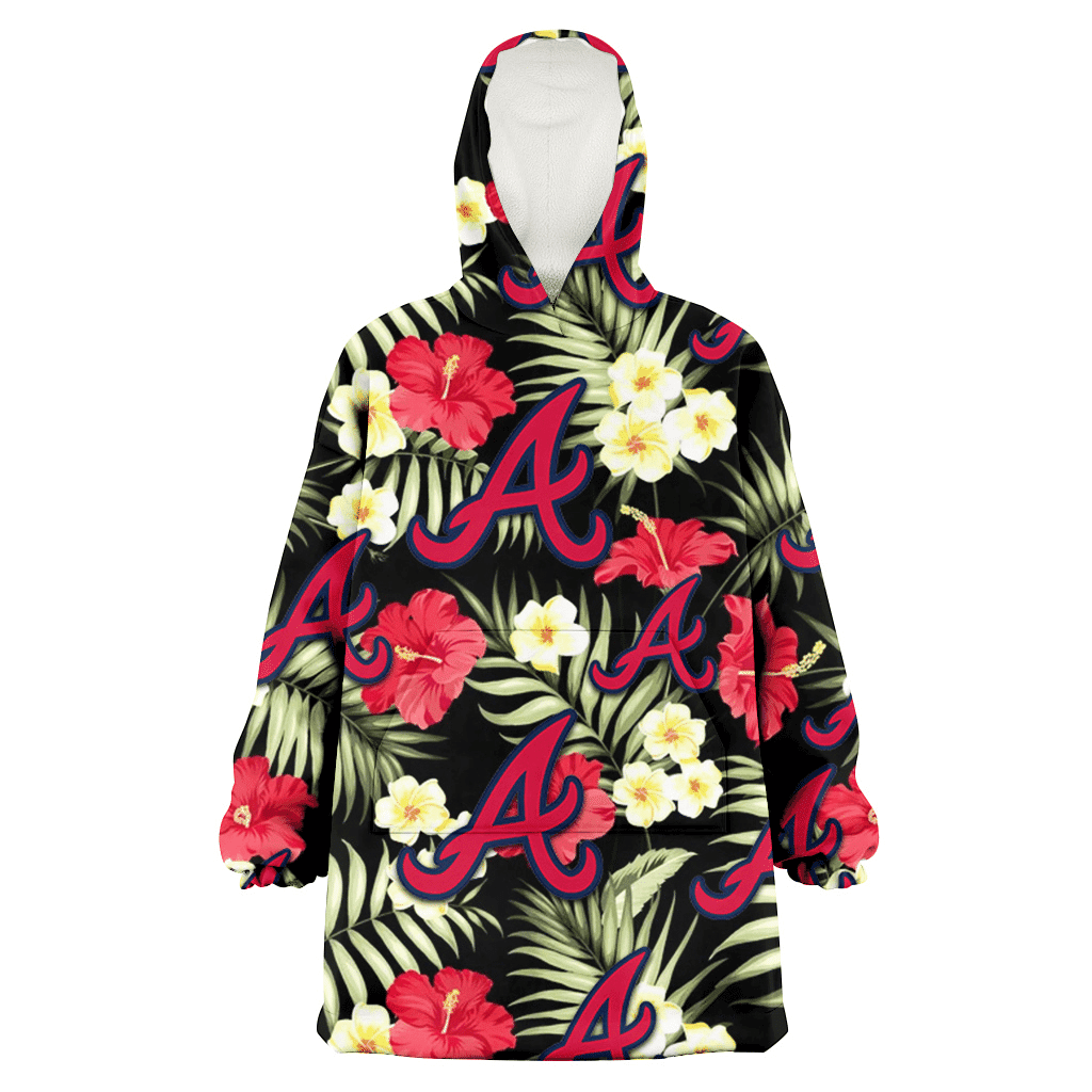 Atlanta Braves Red Hibiscus Yellow Porcelain Flower Black Background 3D Printed Hoodie Blanket Snug Hoodie