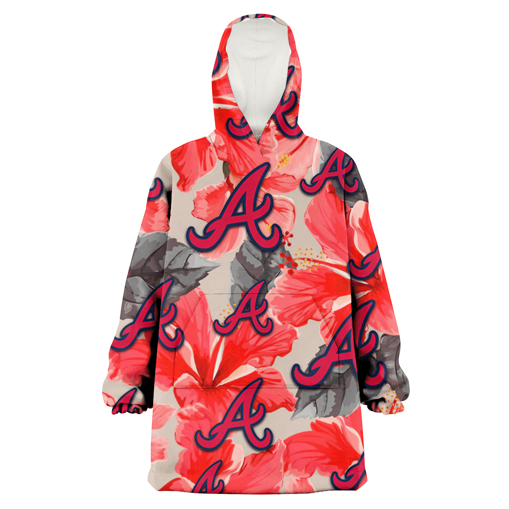 Atlanta Braves Red Hibiscus Gray Leaf Beige Background 3D Printed Hoodie Blanket Snug Hoodie
