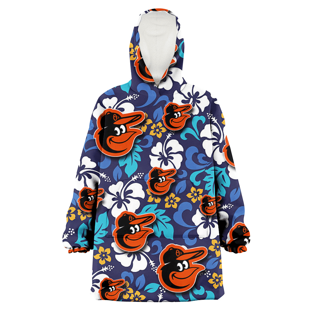 Baltimore Orioles White Hibiscus Ceramic Style Navy Background 3D Printed Hoodie Blanket Snug Hoodie