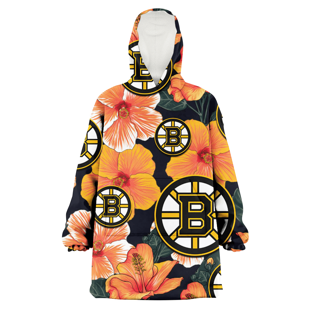 Boston Bruins Orange Hibiscus Dark Green Leaf Black Background 3D Printed Hoodie Blanket Snug Hoodie