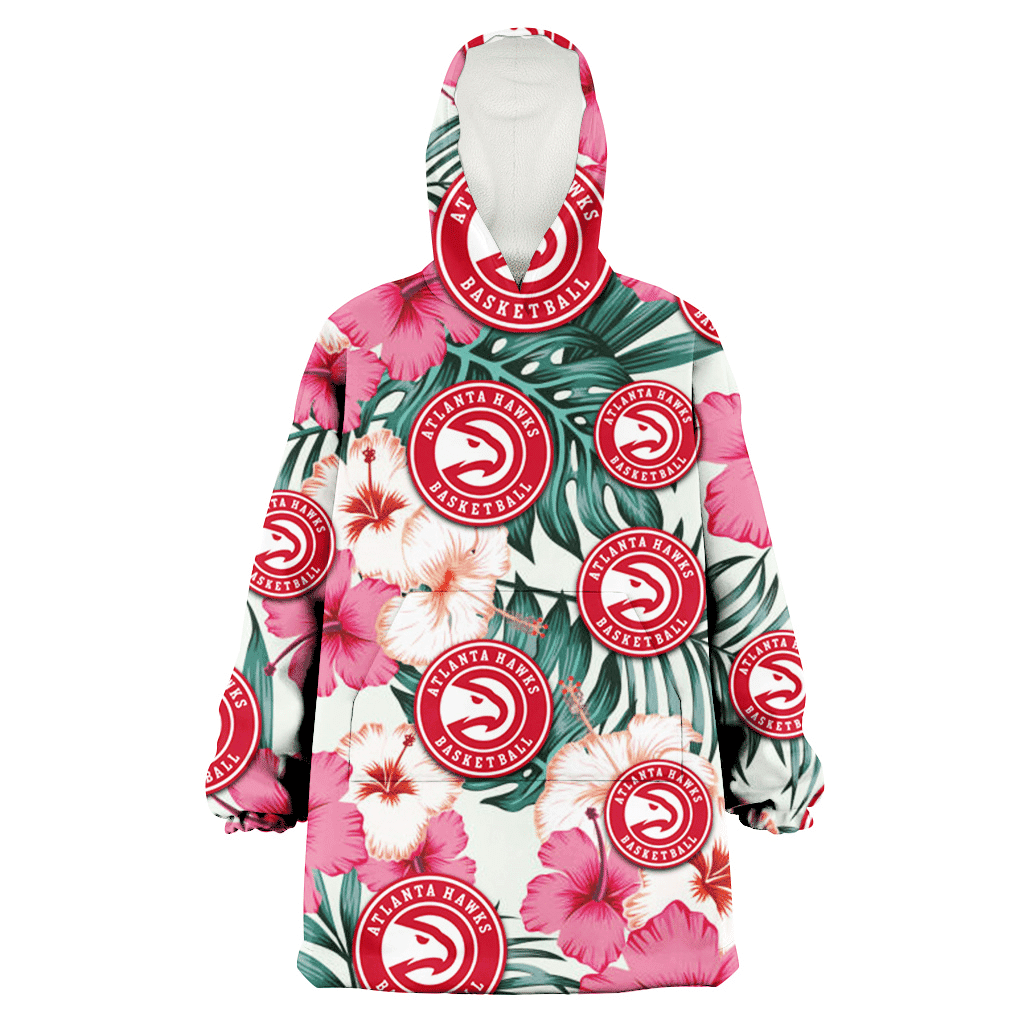 Atlanta Hawks Coral Pink Hibiscus Green Leaf Beige Background 3D Printed Hoodie Blanket Snug Hoodie