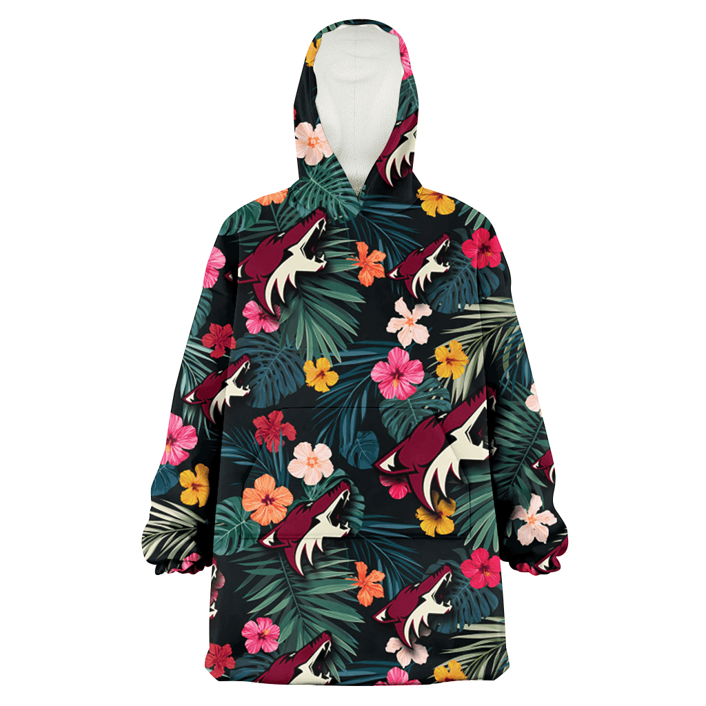 Arizona Coyotes Pink Yellow Orange Hibiscus Big Tropical Leaf Black Background 3D Printed Hoodie Blanket Snug Hoodie
