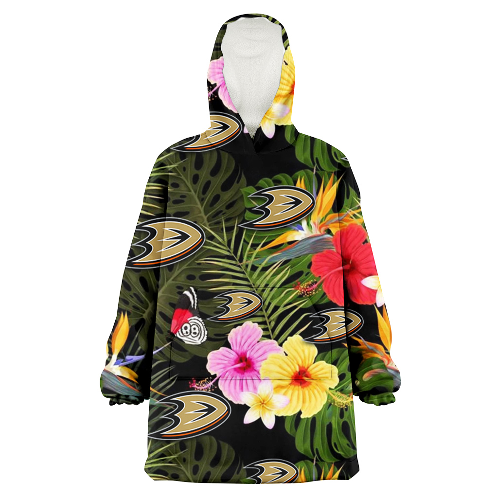 Anaheim Ducks Colorful Hibiscus Green Leaf Back Background 3D Printed Hoodie Blanket Snug Hoodie