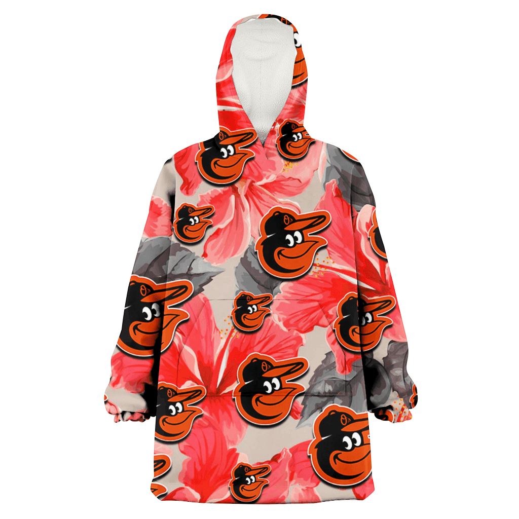 Baltimore Orioles Red Hibiscus Gray Leaf Gainsboro Background 3D Printed Hoodie Blanket Snug Hoodie