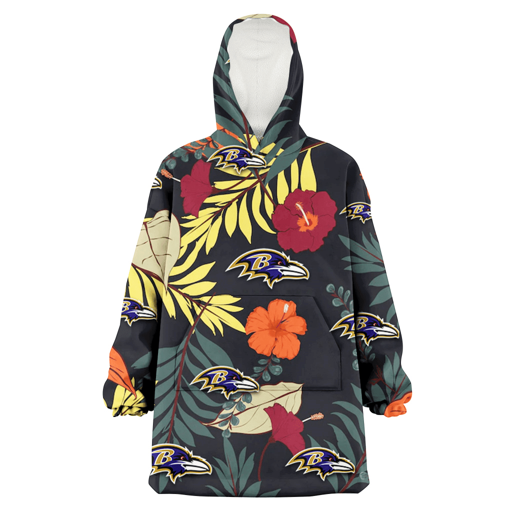 Baltimore Ravens Red And Orange Hibiscus Black Background 3D Printed Hoodie Blanket Snug Hoodie