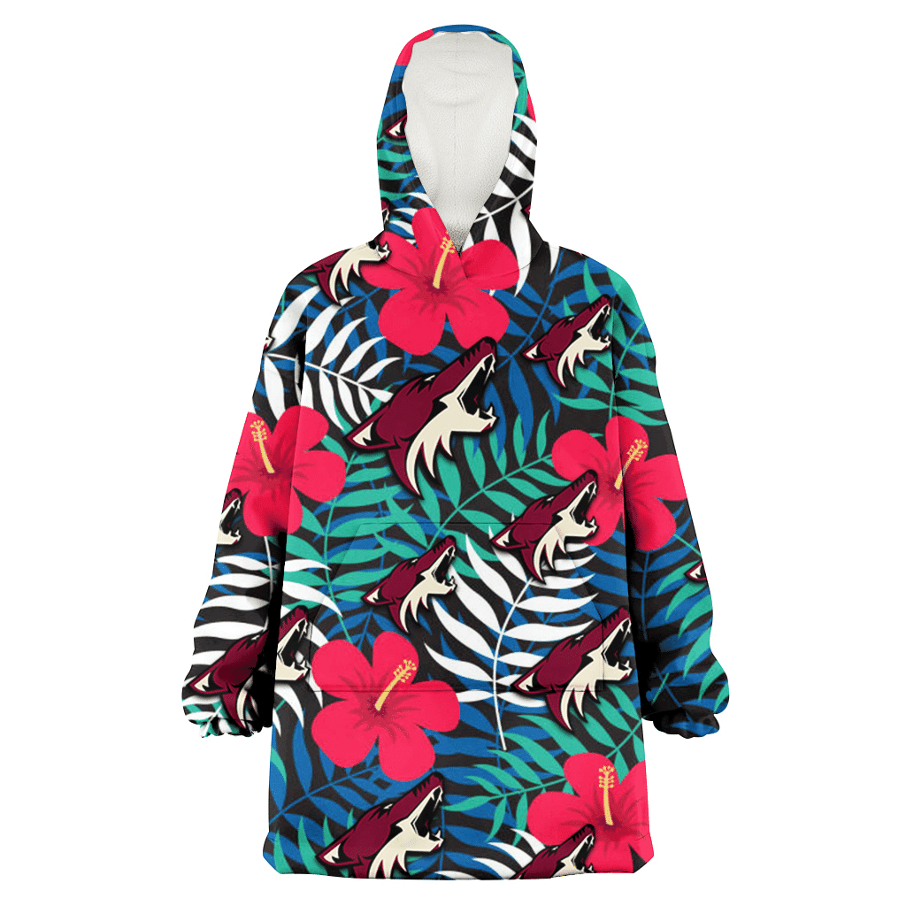Arizona Coyotes Red Hibiscus Green Blue White Leaf Black Background 3D Printed Hoodie Blanket Snug Hoodie