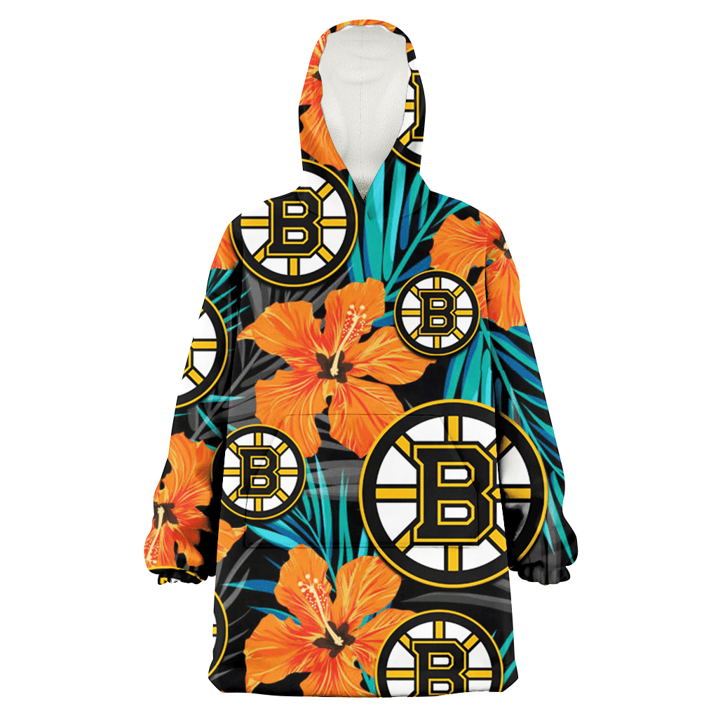 Boston Bruins Orange Hibiscus Blue Gray Leaf Black Background 3D Printed Hoodie Blanket Snug Hoodie