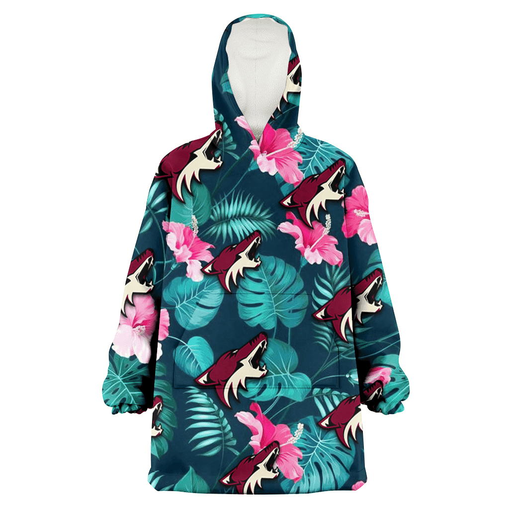 Arizona Coyotes Pink Hibiscus Green Leaves Dark Background 3D Printed Hoodie Blanket Snug Hoodie