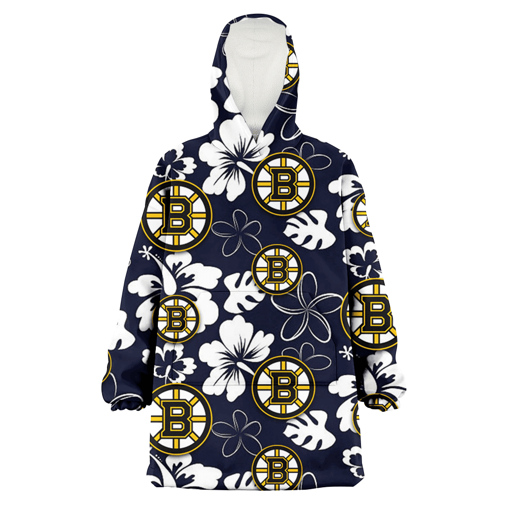 Boston Bruins White Hibiscus Sketch Porcelain Flower Navy Background 3D Printed Hoodie Blanket Snug Hoodie
