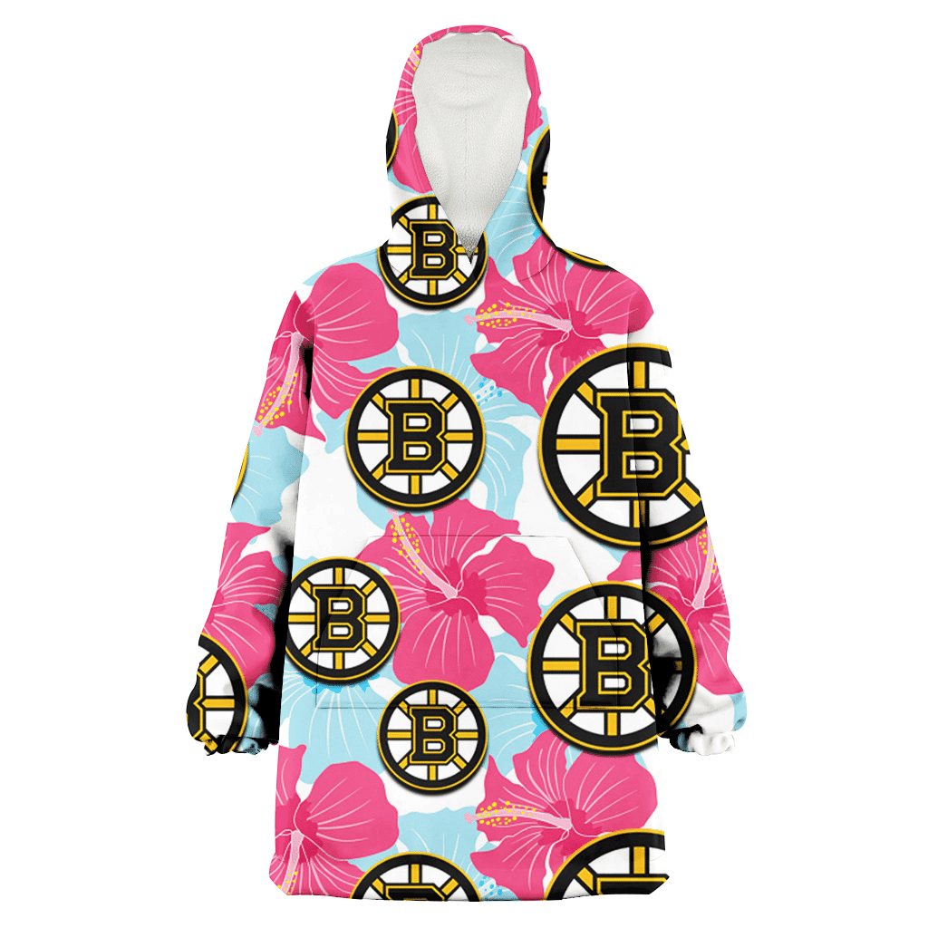 Boston Bruins Pink Blue Hibiscus White Background 3D Printed Hoodie Blanket Snug Hoodie