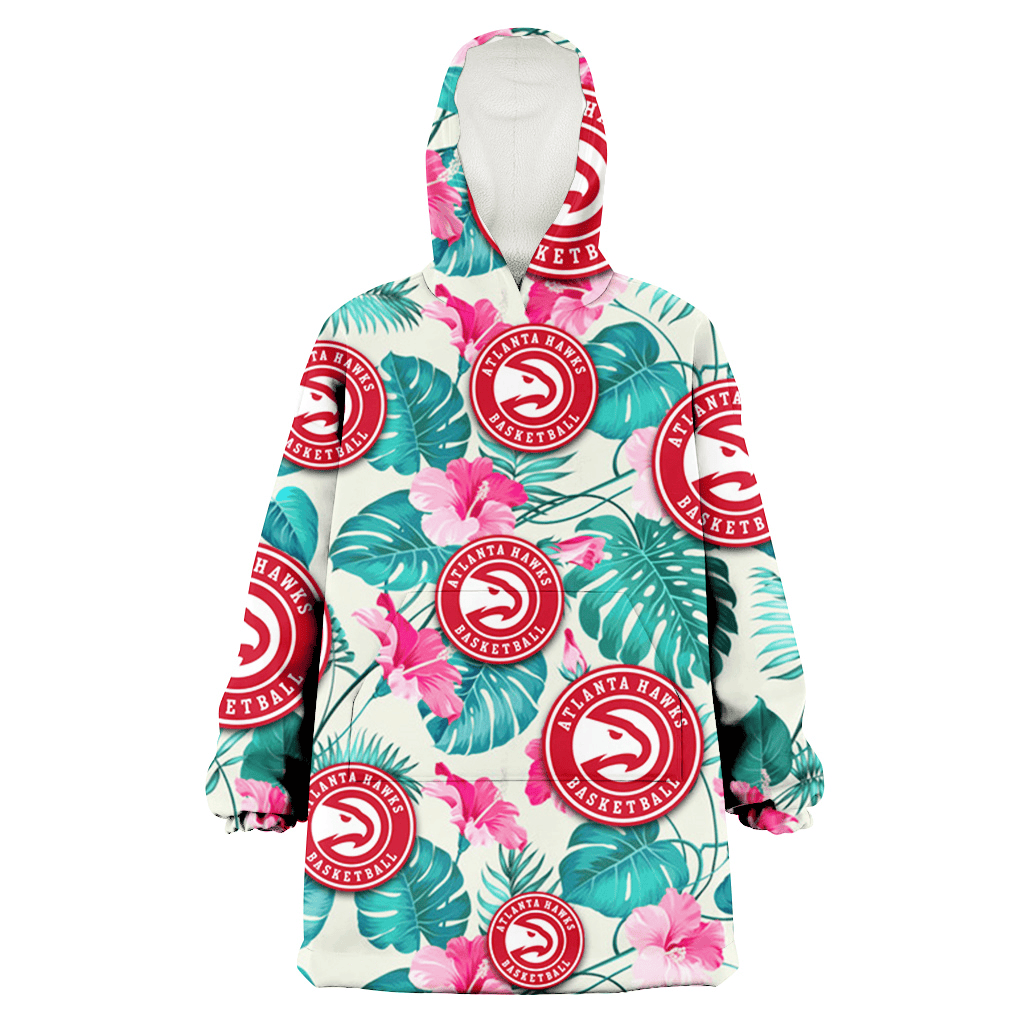 Atlanta Hawks Pink Hibiscus Green Leaf Beige Background 3D Printed Hoodie Blanket Snug Hoodie