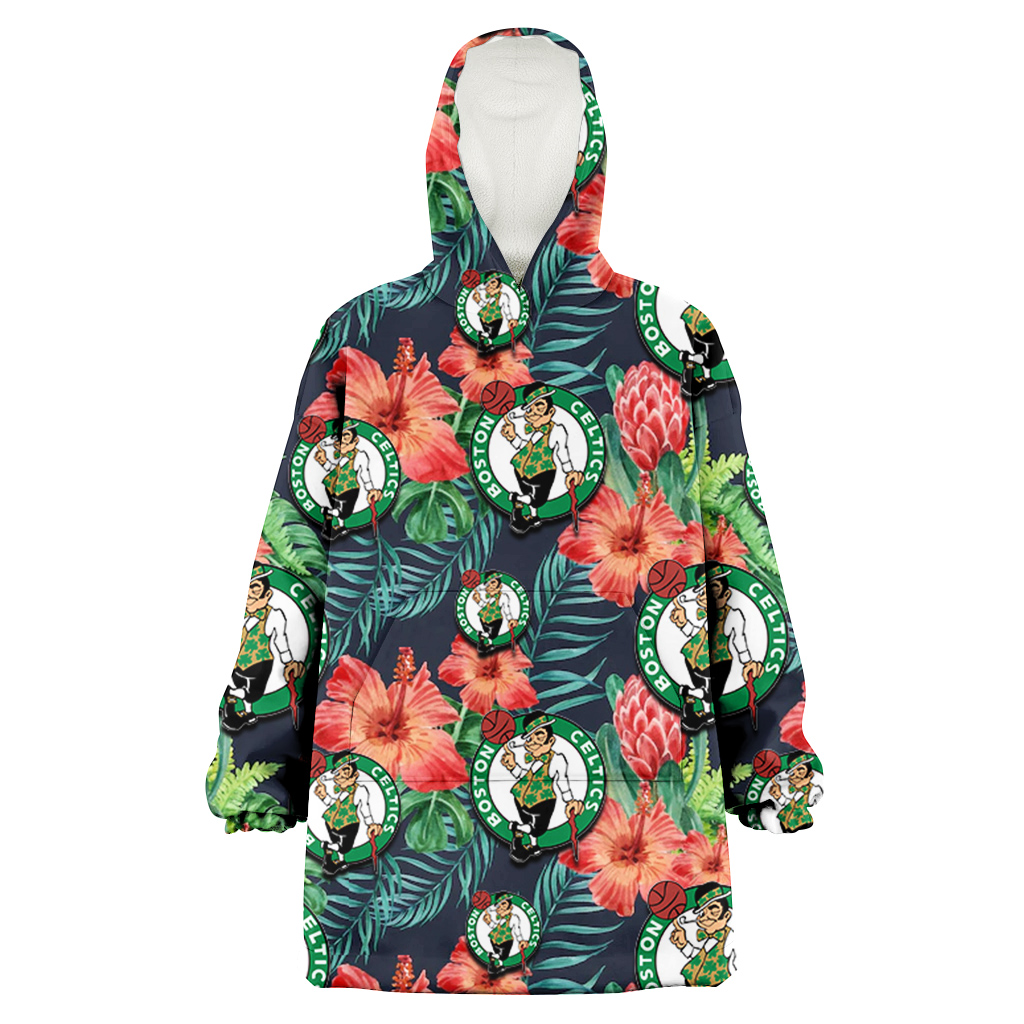 Boston Celtics Orange Hibiscus Green Tropical Leaf Dark Background 3D Printed Hoodie Blanket Snug Hoodie