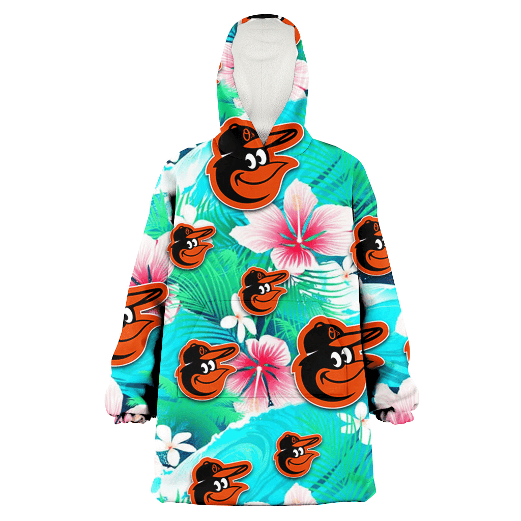 Baltimore Orioles Pink Hibiscus Green Leaf Blue Background 3D Printed Hoodie Blanket Snug Hoodie